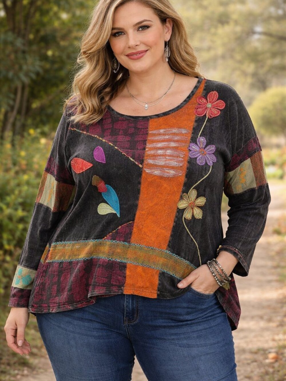 Rising International Patchwork Floral Embroidered Cotton Top Black Plus XXL